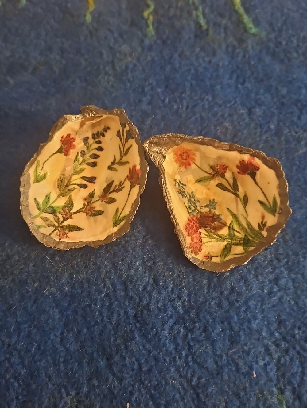 Hand Painted Silver Decopaged Oyster Shell Trinket Dishes Floral Design